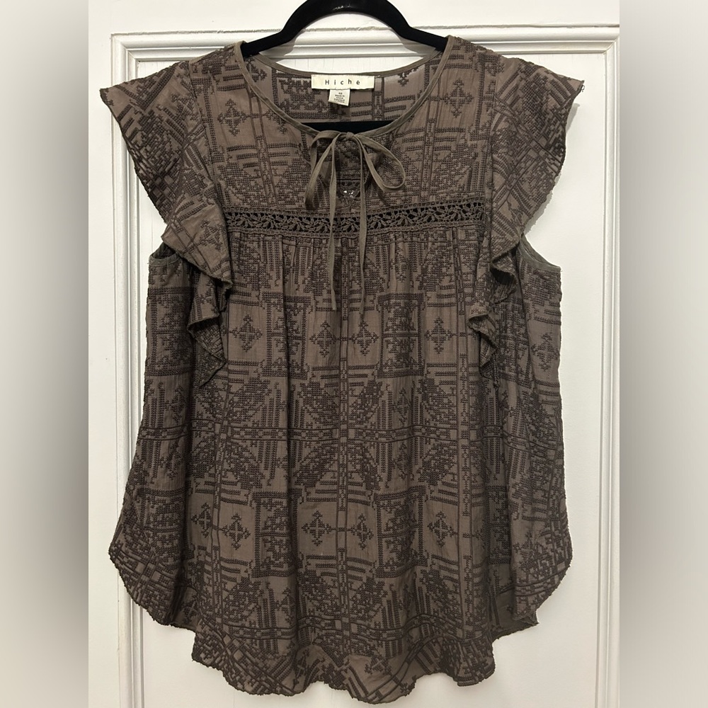 Anthropologie Hiche Olive Green Embroidered Top Blouse Shirt XS